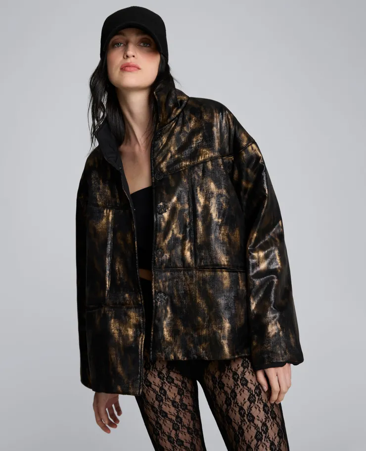 Animal Foiled Satin Lightweight Seamed Puffer Jacket>Kenneth Cole Outlet