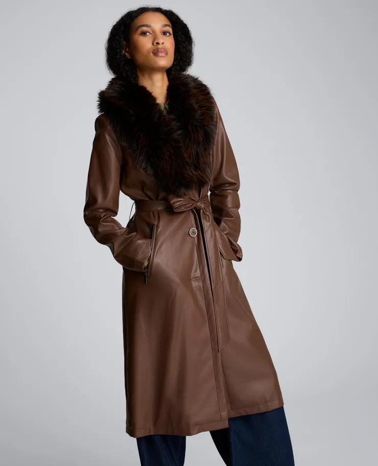 Belted Faux Leather Trench Coat with Faux Fur Collar>Kenneth Cole Outlet