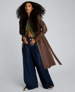 Belted Faux Leather Trench Coat with Faux Fur Collar><noscript><img width=