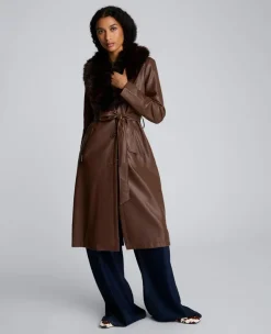Belted Faux Leather Trench Coat with Faux Fur Collar><noscript><img width=