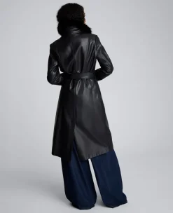 Belted Faux Leather Trench Coat with Faux Fur Collar><noscript><img width=