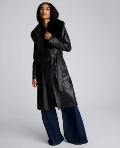Belted Faux Leather Trench Coat with Faux Fur Collar><noscript><img width=