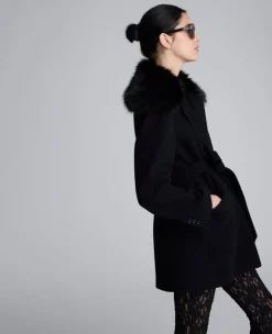 Belted Jacket With Faux Fur Collar><noscript><img width=