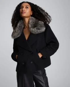 Brushed Wool Removeable Faux Fur Collar Cropped Peacoat>Kenneth Cole Online