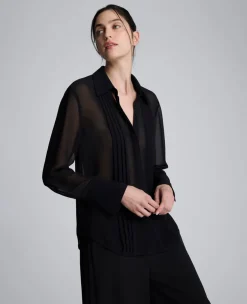 Chiffon Pleated Long Sleeve Blouse><noscript><img width=