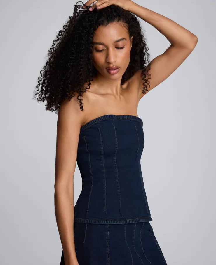Denim Bustier Top with Smocking>Kenneth Cole Discount
