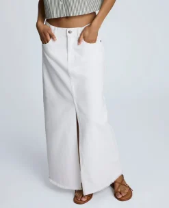 Denim Fly Front 4-Pocket Maxi Skirt With Fray Hem><noscript><img width=