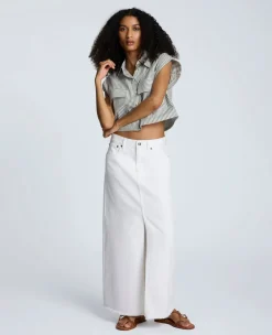 Denim Fly Front 4-Pocket Maxi Skirt With Fray Hem><noscript><img width=