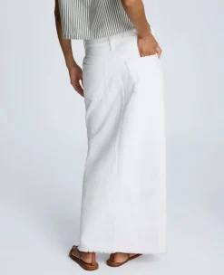 Denim Fly Front 4-Pocket Maxi Skirt With Fray Hem><noscript><img width=