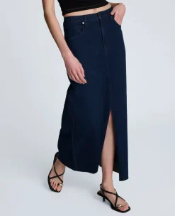 Denim Fly Front 4-Pocket Maxi Skirt With Fray Hem><noscript><img width=