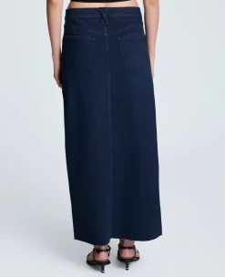 Denim Fly Front 4-Pocket Maxi Skirt With Fray Hem><noscript><img width=