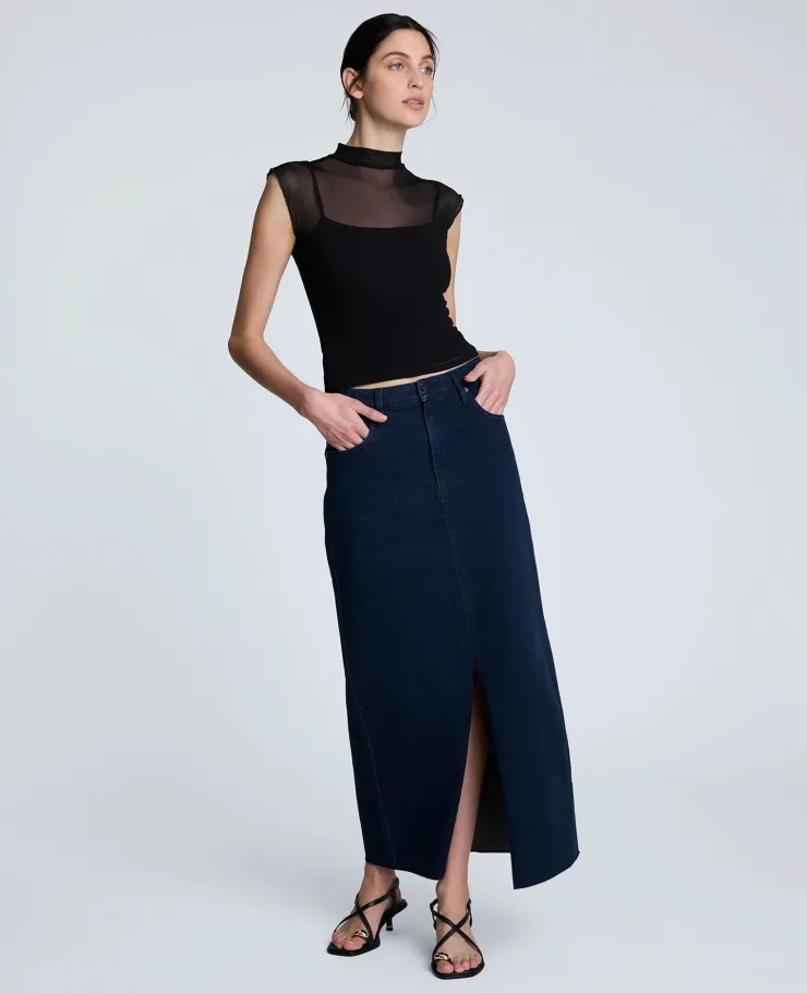 Denim Fly Front 4-Pocket Maxi Skirt With Fray Hem>Kenneth Cole Clearance