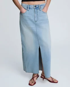 Denim Fly Front 4-Pocket Maxi Skirt With Fray Hem><noscript><img width=