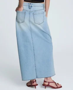 Denim Fly Front 4-Pocket Maxi Skirt With Fray Hem><noscript><img width=