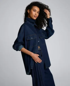Drapey Denim Button Up Oversized Shirt><noscript><img width=