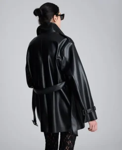 Faux Leather Double Breasted Trench><noscript><img width=