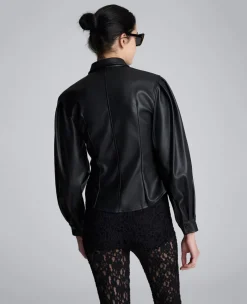 Faux Leather Snap Front Pleated Long Sleeve Fitted Shirt><noscript><img width=