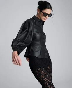 Faux Leather Snap Front Pleated Long Sleeve Fitted Shirt><noscript><img width=