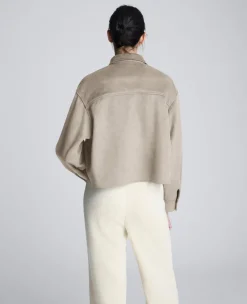 Faux Suede Button Front Cropped Knit Shirt><noscript><img width=