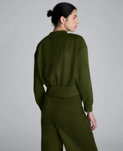 Faux Suede Shoulder Pleated Long Sleeve Knit Pullover><noscript><img width=