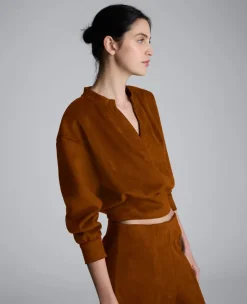 Faux Suede Shoulder Pleated Long Sleeve Knit Pullover>Kenneth Cole Sale