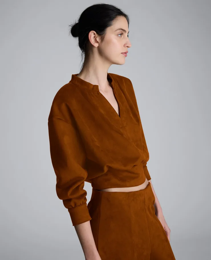 Faux Suede Shoulder Pleated Long Sleeve Knit Pullover>Kenneth Cole Sale
