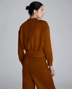 Faux Suede Shoulder Pleated Long Sleeve Knit Pullover><noscript><img width=