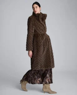 Grooved Faux Fur Coat with Tie Belt><noscript><img width=