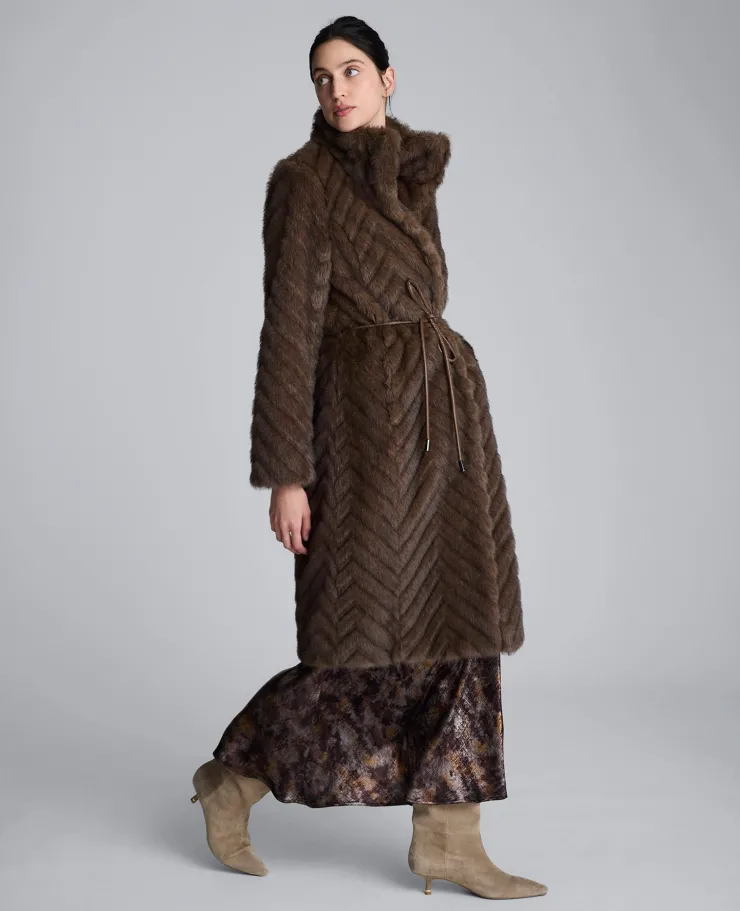 Grooved Faux Fur Coat with Tie Belt>Kenneth Cole Best