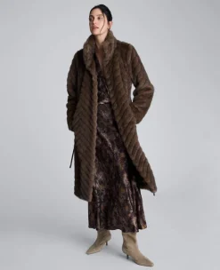 Grooved Faux Fur Coat with Tie Belt><noscript><img width=