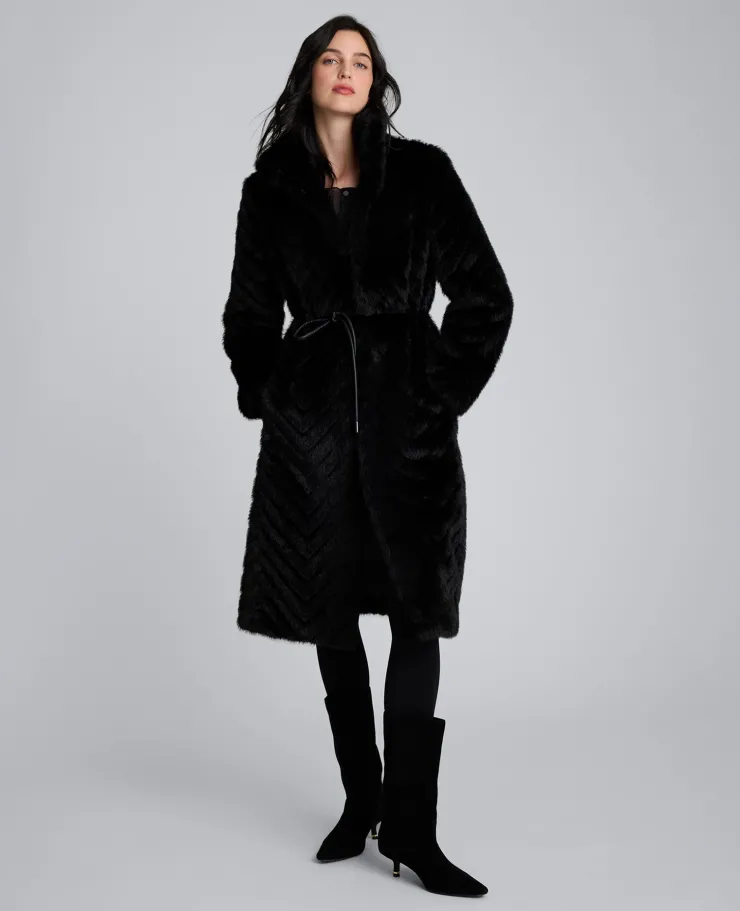 Grooved Faux Fur Coat with Tie Belt>Kenneth Cole Clearance