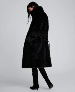 Grooved Faux Fur Coat with Tie Belt><noscript><img width=