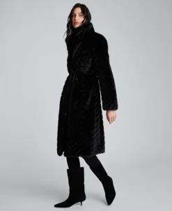 Grooved Faux Fur Coat with Tie Belt><noscript><img width=