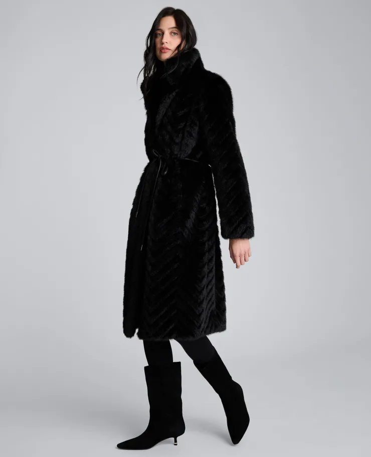 Grooved Faux Fur Coat with Tie Belt>Kenneth Cole Clearance