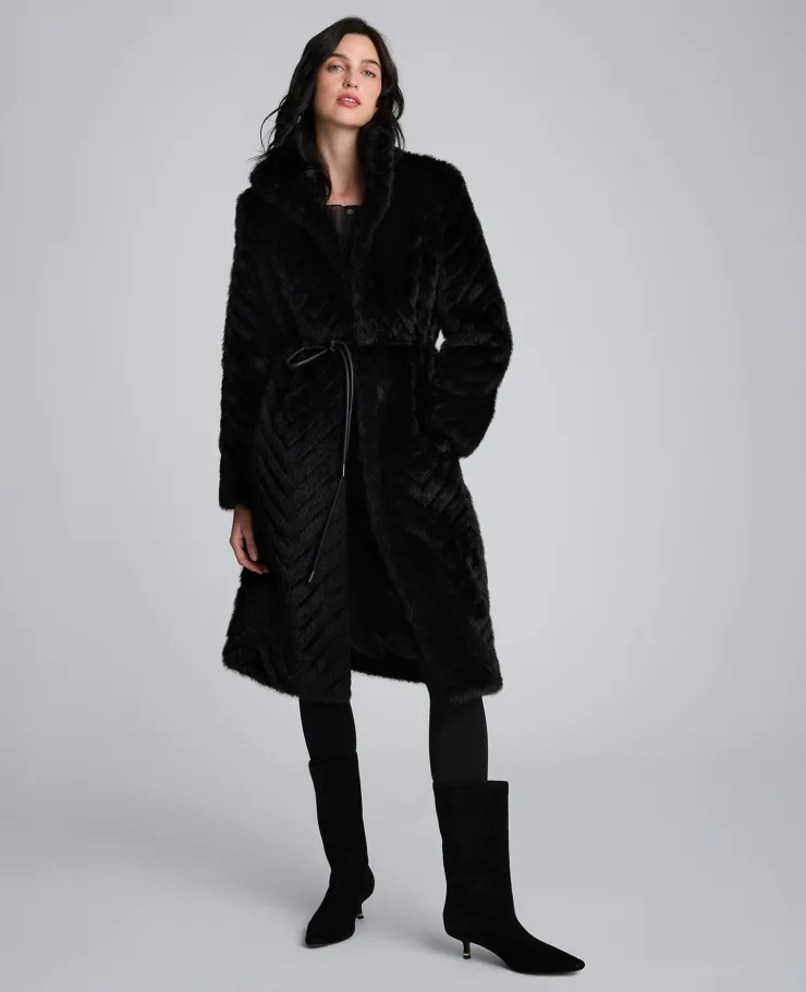 Grooved Faux Fur Coat with Tie Belt>Kenneth Cole Clearance
