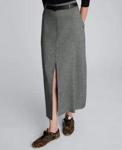 Herringbone Slit Front Belted Midi Skirt><noscript><img width=