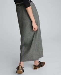 Herringbone Slit Front Belted Midi Skirt><noscript><img width=