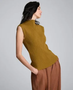 Large Chevron Stitch Sleeveless Mock Neck Sweater><noscript><img width=