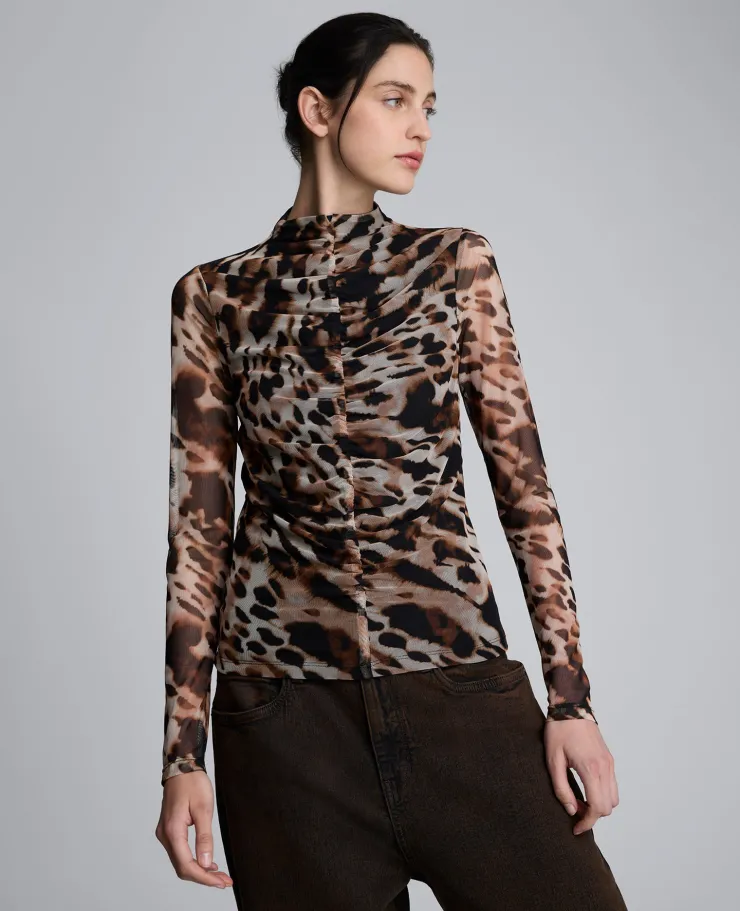 Long Sleeve Animal Printed Center Front Turtleneck Knit Ruched Top>Kenneth Cole