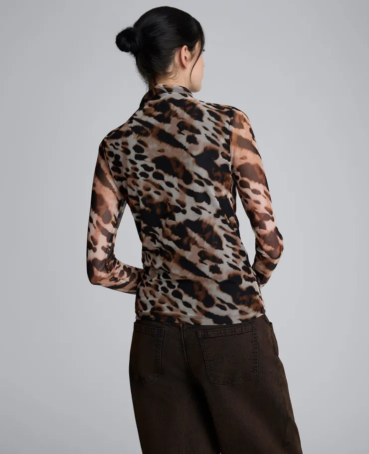 Long Sleeve Animal Printed Center Front Turtleneck Knit Ruched Top>Kenneth Cole