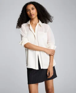 Long Sleeve Button Front Sheer Detail Woven Shirt>Kenneth Cole Hot