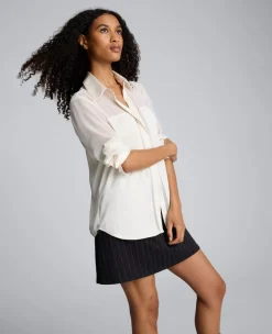 Long Sleeve Button Front Sheer Detail Woven Shirt><noscript><img width=