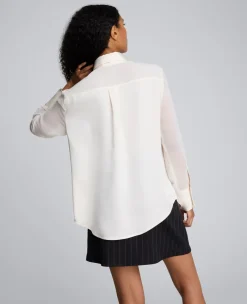 Long Sleeve Button Front Sheer Detail Woven Shirt><noscript><img width=