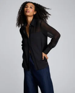 Long Sleeve Button Front Sheer Detail Woven Shirt><noscript><img width=