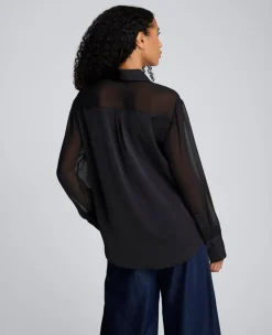 Long Sleeve Button Front Sheer Detail Woven Shirt><noscript><img width=