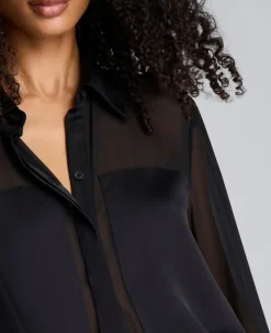 Long Sleeve Button Front Sheer Detail Woven Shirt><noscript><img width=