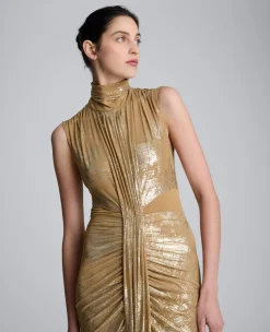 Metallic Foil Mesh Pleated Bodice Maxi Dress><noscript><img width=