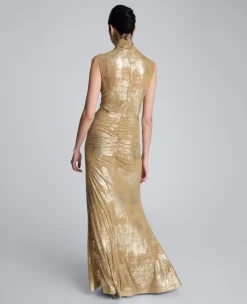 Metallic Foil Mesh Pleated Bodice Maxi Dress><noscript><img width=