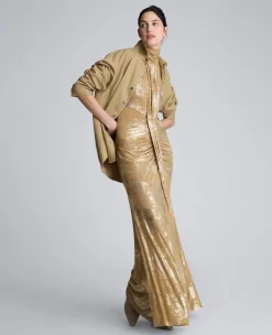 Metallic Foil Mesh Pleated Bodice Maxi Dress><noscript><img width=