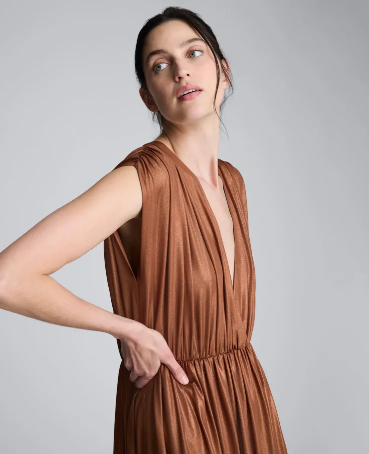 Metallic Knit Deep V-Neck Gathered Maxi Dress>Kenneth Cole Sale